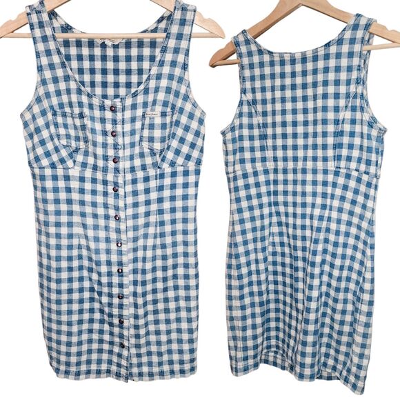 GUESS Sz 5 Vintage Blue White Checkered Snap Front Milkmaid Logo Jumper Dress - Picture 8 of 8